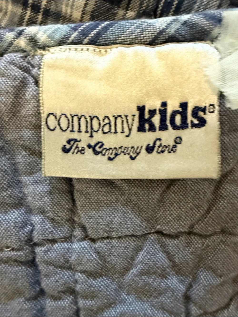 The Company Store CHOO-CHOO TRAINS Blue Red Plaid Chambray Kid Twin Quilt 83x63”